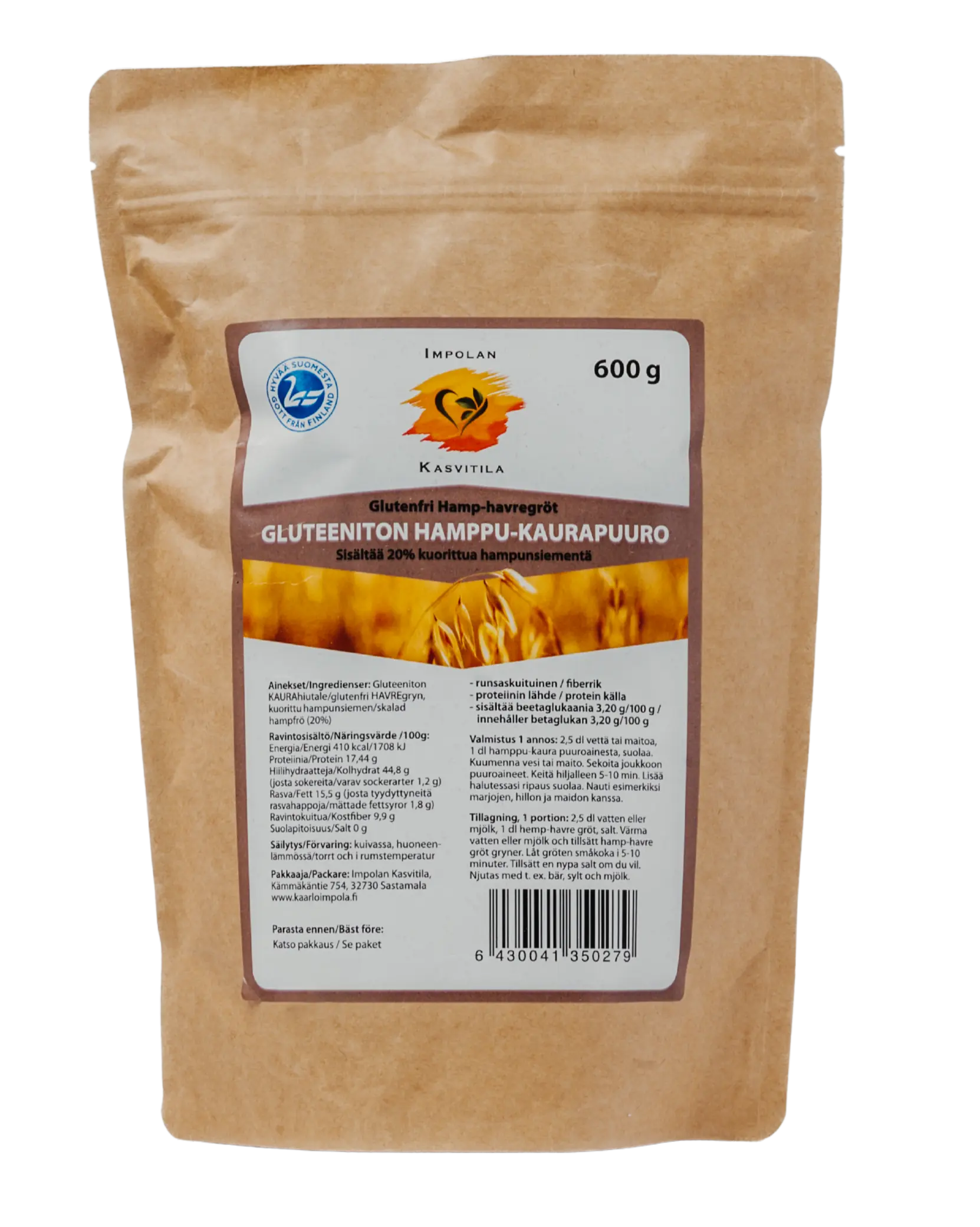 Impolan Kasvitilan Gluteeniton Hamppu-Kaurapuuro 600g