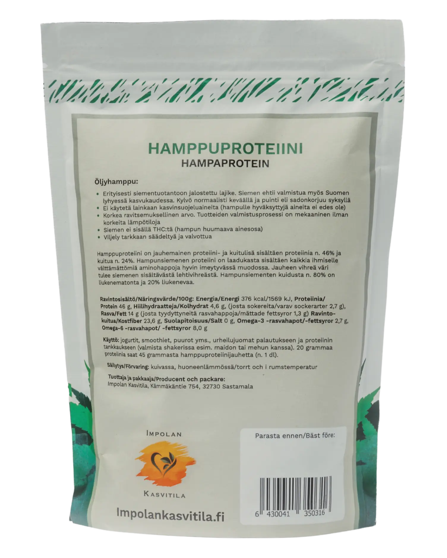 Impolan Kasvitilan Hamppuproteiini 300g Takapuoli