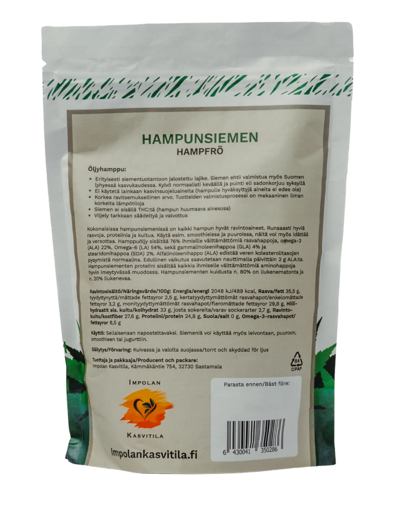 Impolan Kasvitilan Hampunsiemen 300g Takapuoli