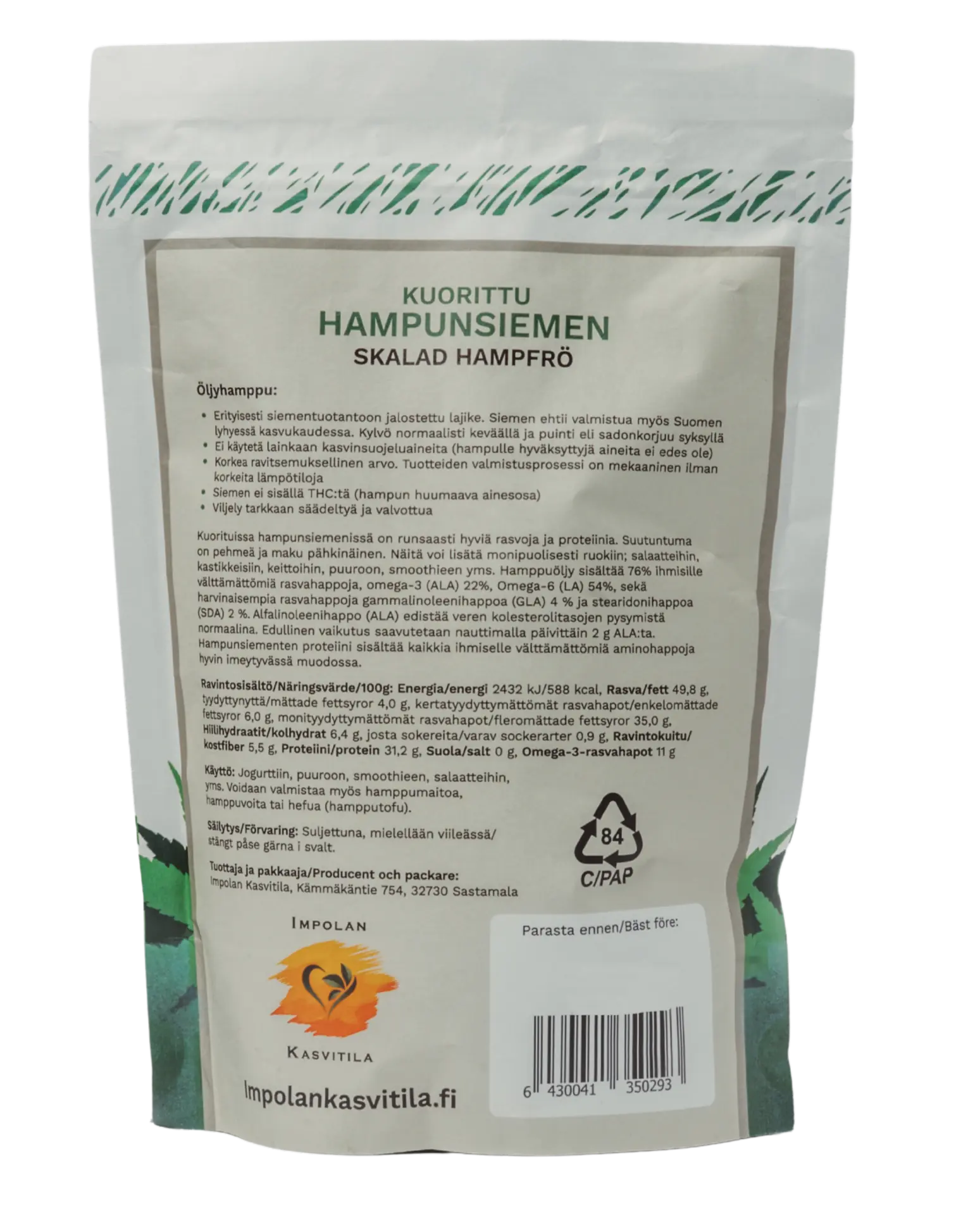 Impolan Kasvitilan Kuorittu Hampunsiemen 300g Takapuoli